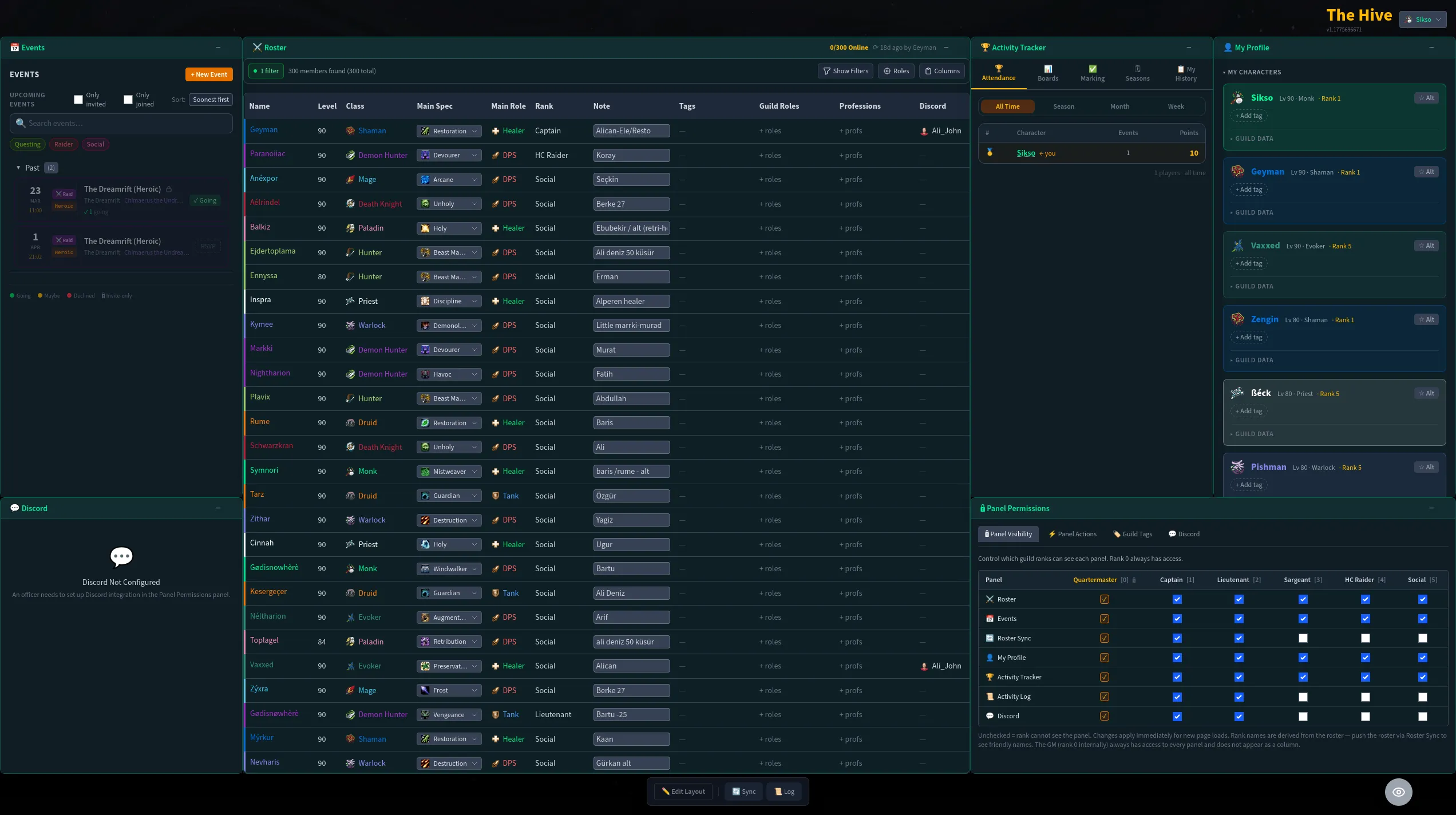 The Guild Hive dashboard with roster, events and activity panels arranged side by side