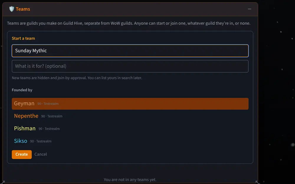 Creating a team on Guild Hive: a name, and a realm only if you want one.